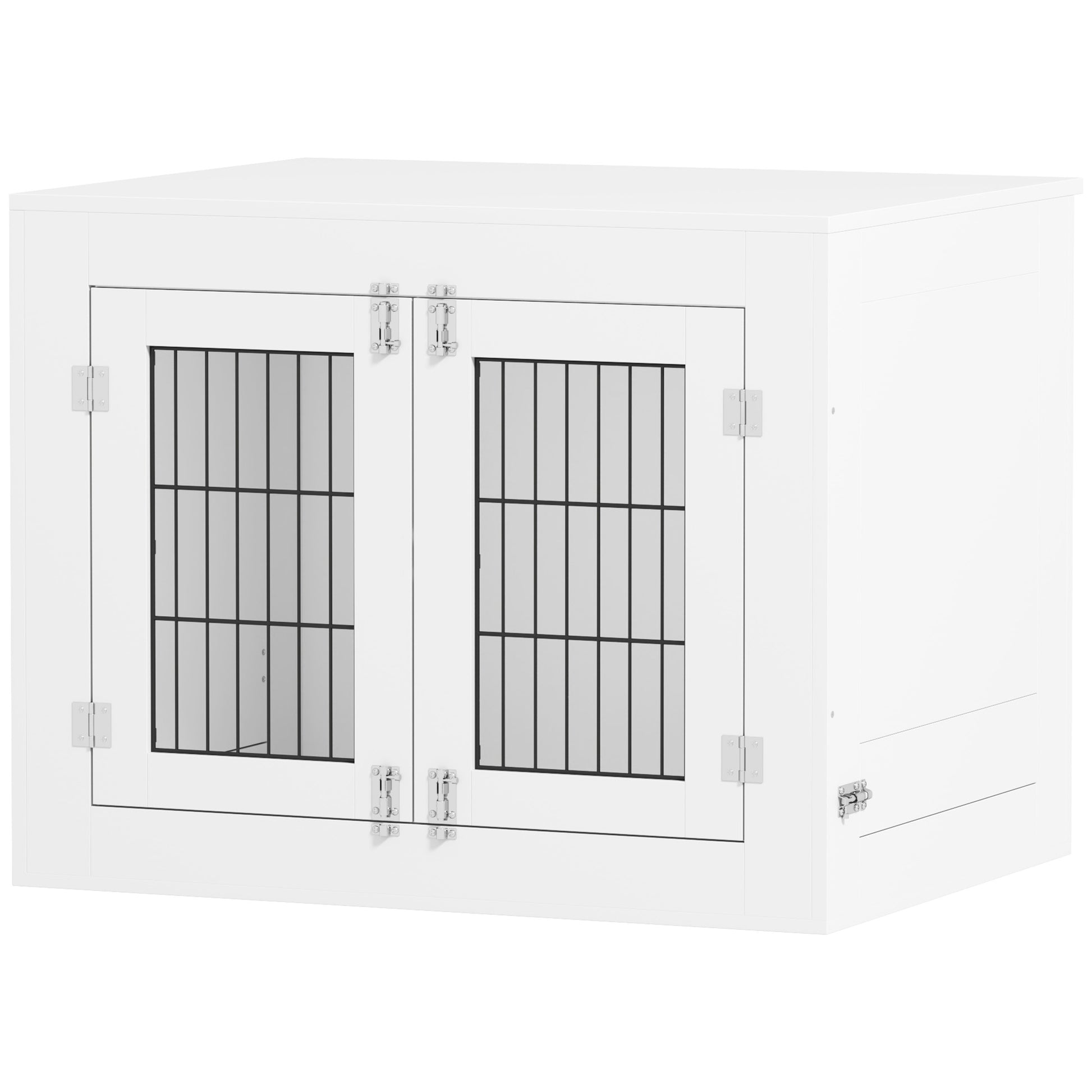 Indoor Dog Crate, Wooden Dog Crate, 2 Rotating 360° Bowls, 2 Doors, Side Table, for Medium-Sized Dogs up to 20 kg, 80 x 60 x 63 cm, White