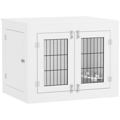 Indoor Dog Crate, Wooden Dog Crate, 2 Rotating 360° Bowls, 2 Doors, Side Table, for Medium-Sized Dogs up to 20 kg, 80 x 60 x 63 cm, White