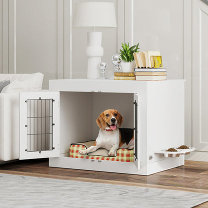 Indoor Dog Crate, Wooden Dog Crate, 2 Rotating 360° Bowls, 2 Doors, Side Table, for Medium-Sized Dogs up to 20 kg, 80 x 60 x 63 cm, White