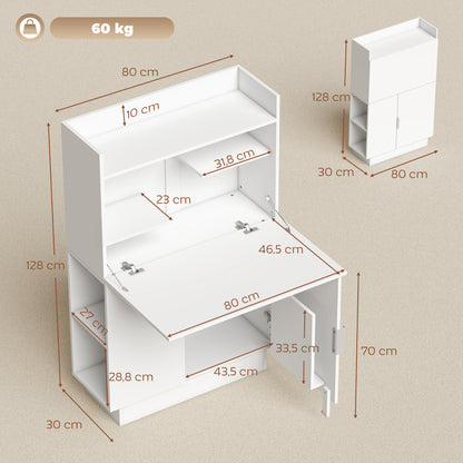 Folding Desk with Shelves & Cabinet, 31.5 x 11.8 x 50.4 in, Modern Home Office Table, White
