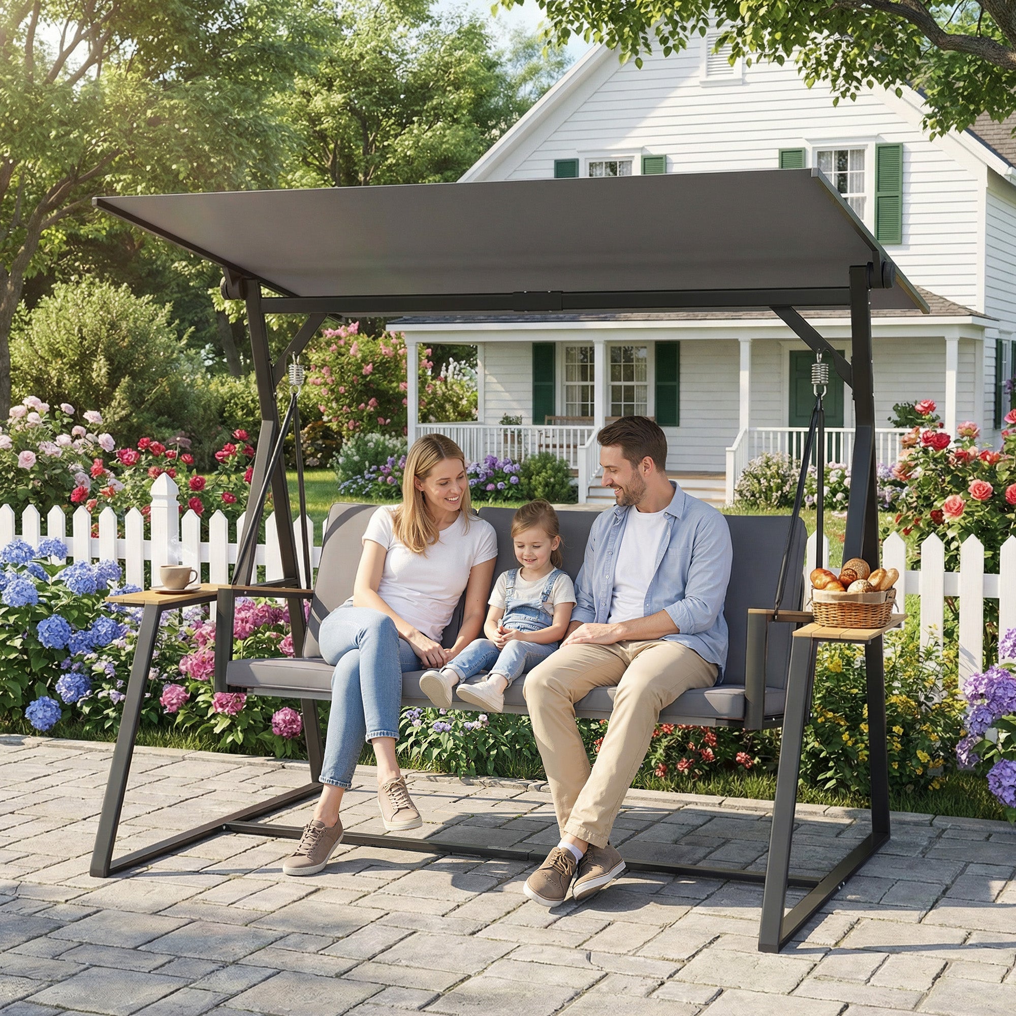 3-Seat Garden Swing with Adjustable UPF50+ Canopy, 2 Side Trays, Cushions & Metal Frame — For Balcony, Patio, Terrace — Holds 360 kg (794 lb), 222 x 131 x 175 cm, Charcoal