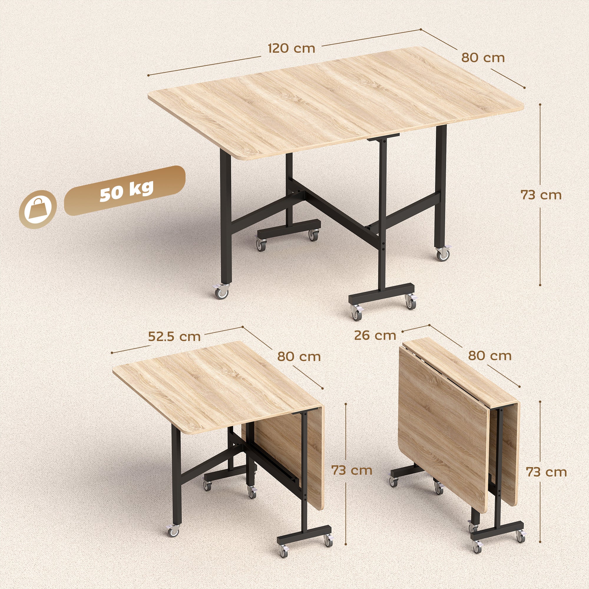 Folding Dining Table for 4–6 with Wheels, Steel Legs, Mobile Foldable Table for Small Spaces, Kitchen & Dining, 120 x 80 x 73 cm, Oak
