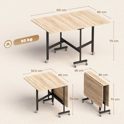 Folding Dining Table for 4–6 with Wheels, Steel Legs, Mobile Foldable Table for Small Spaces, Kitchen & Dining, 120 x 80 x 73 cm, Oak