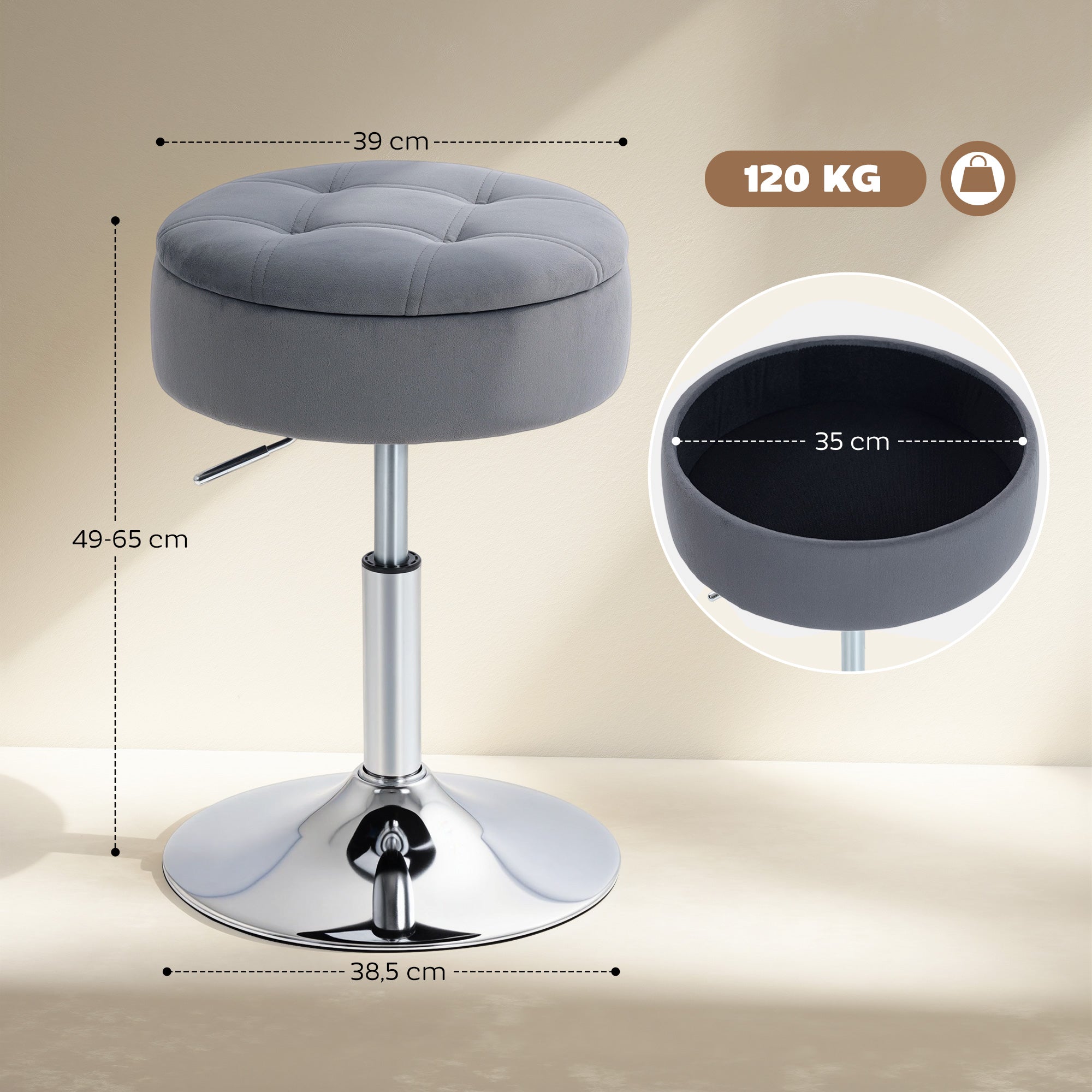 Velvet Bar Stool with Hidden Storage, Swivel & Height Adjustable Counter Stool, Gray