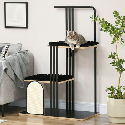 Cat Tree 128 cm Cat Scratching Tree with Cushions Climbing Tree with Scratching Board, Cat Scratcher with 2 Platforms, Cat Furniture, Steel, Black