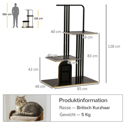 Cat Tree 128 cm Cat Scratching Tree with Cushions Climbing Tree with Scratching Board, Cat Scratcher with 2 Platforms, Cat Furniture, Steel, Black