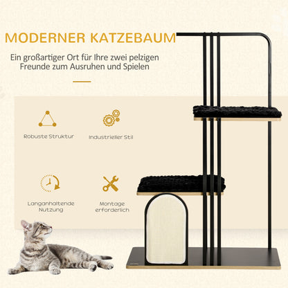 Cat Tree 128 cm Cat Scratching Tree with Cushions Climbing Tree with Scratching Board, Cat Scratcher with 2 Platforms, Cat Furniture, Steel, Black