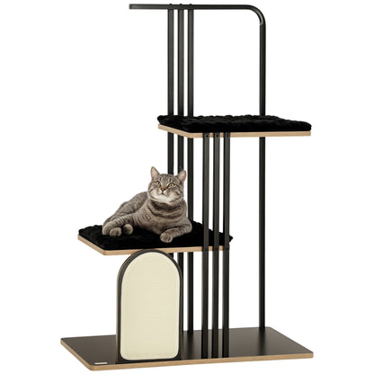Cat Tree 128 cm Cat Scratching Tree with Cushions Climbing Tree with Scratching Board, Cat Scratcher with 2 Platforms, Cat Furniture, Steel, Black