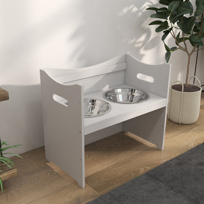 Adjustable Feeding Bowl, Elevated Feeding Station with 2L Stainless Steel Bowl, with Food Stand, Handle, Dog Bar for all Dog Sizes, White