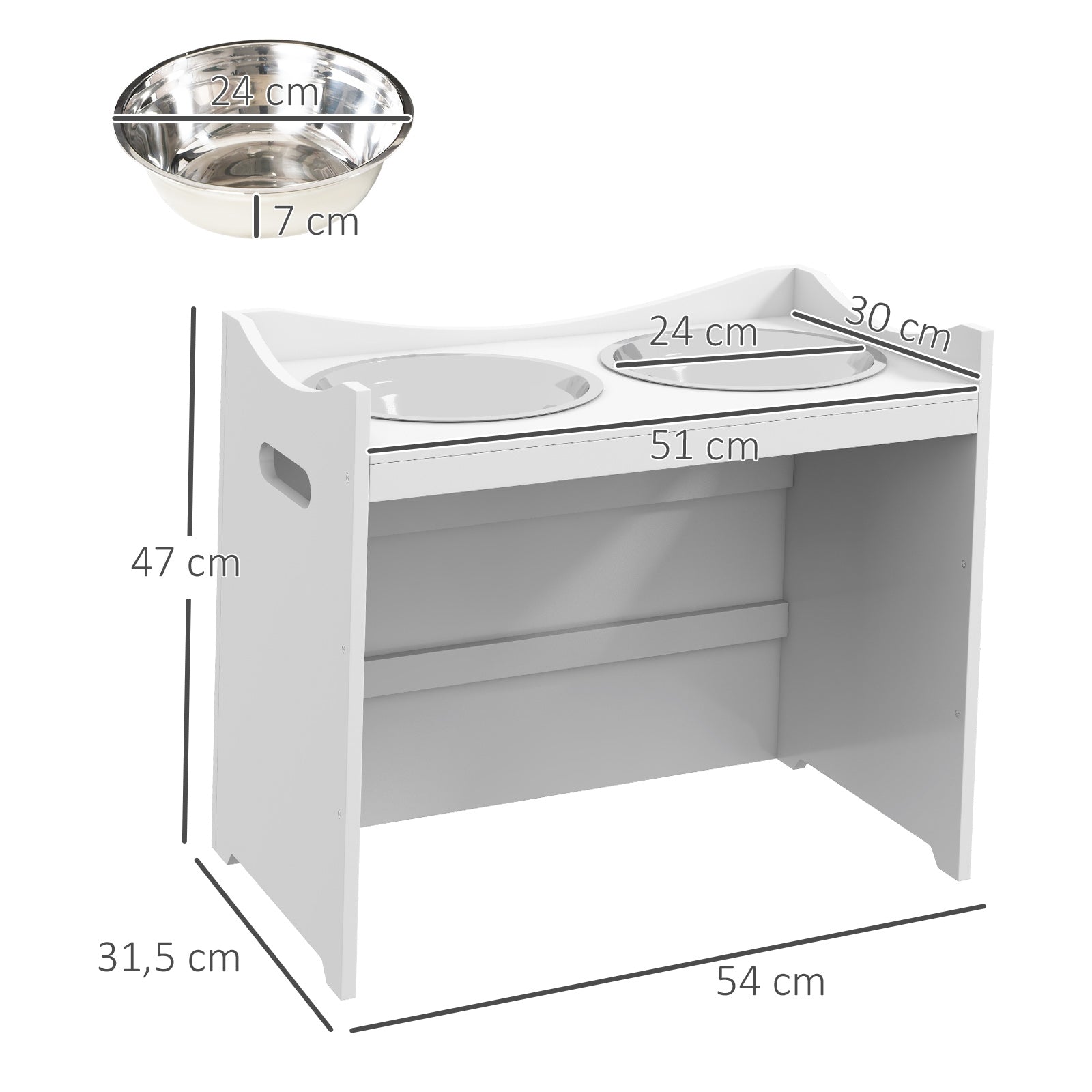 Adjustable Feeding Bowl, Elevated Feeding Station with 2L Stainless Steel Bowl, with Food Stand, Handle, Dog Bar for all Dog Sizes, White
