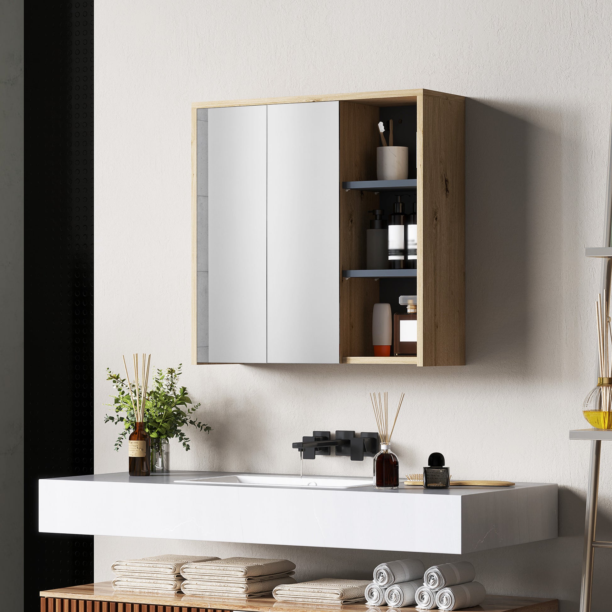 Bathroom Cabinet with Mirror Wall-Mounted Bathroom Mirror Cabinet with Shelves Modern Style 60x20x60 cm Natural Wood