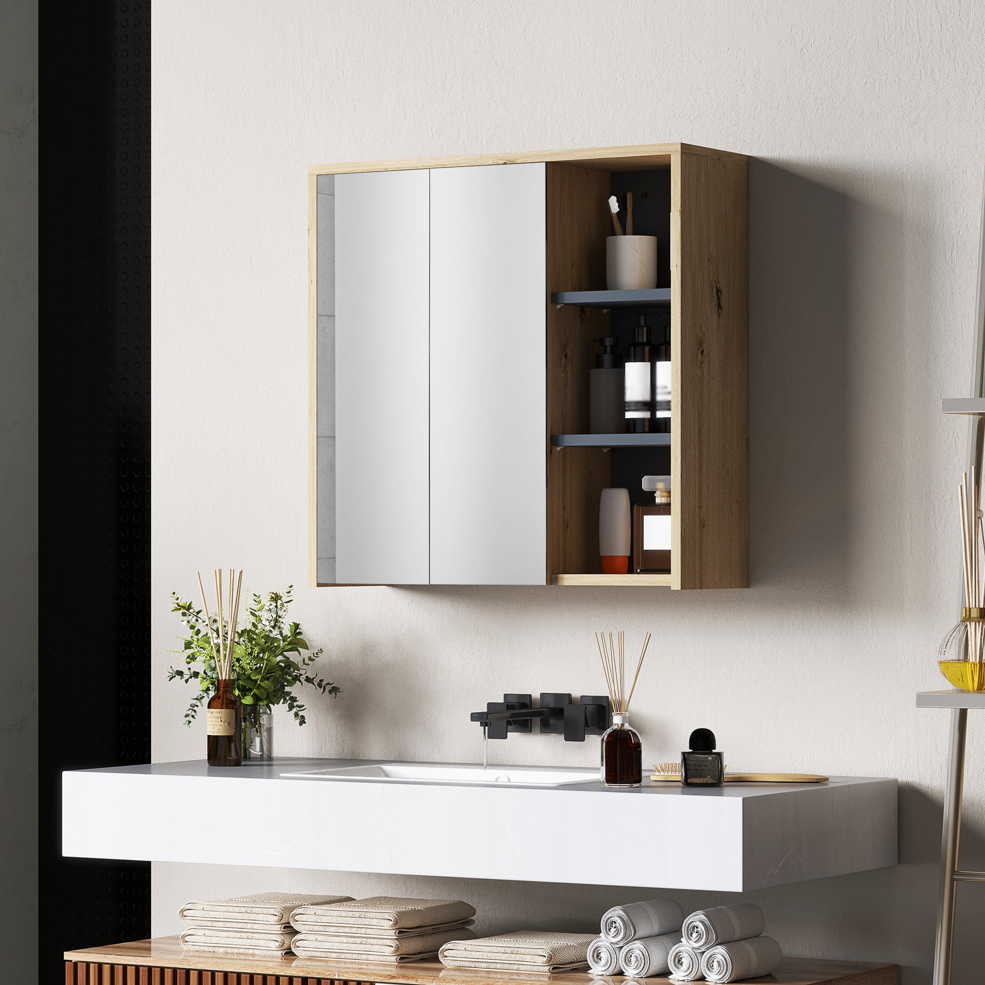 Bathroom Cabinet with Mirror Wall-Mounted Bathroom Mirror Cabinet with Shelves Modern Style 60x20x60 cm Natural Wood