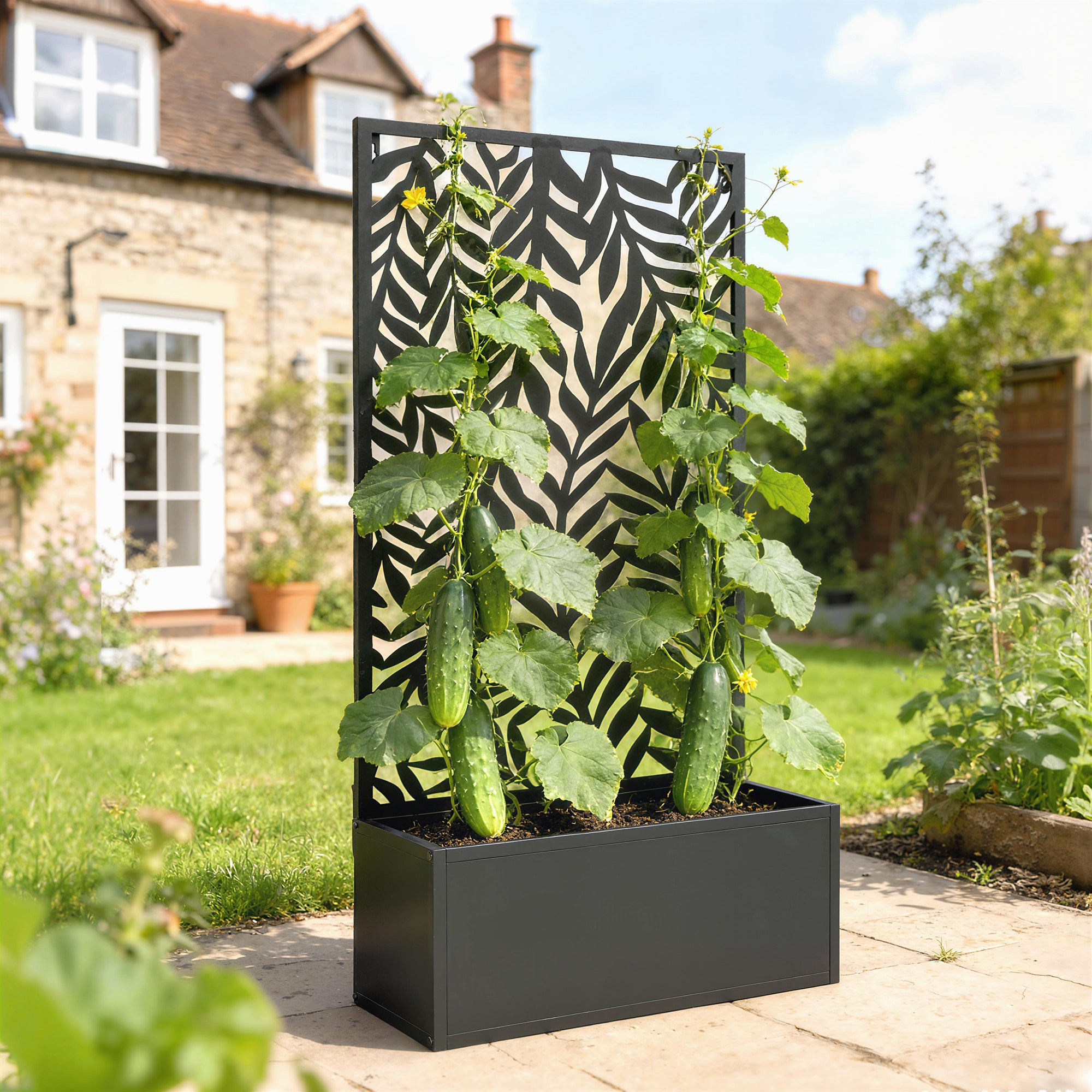 Metal Planter with Trellis and Tropical Leaf Privacy Panel, 61 x 23 x 113 cm (24 x 9.1 x 44.5 in), Black
