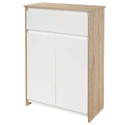 Bathroom Auxiliary Cabinet with 1 Drawer and 2 Doors Bathroom Utility Cabinet for Living Room Bathroom Bedroom Modern Style Anti-overturn 60x30x90 cm White and Natural