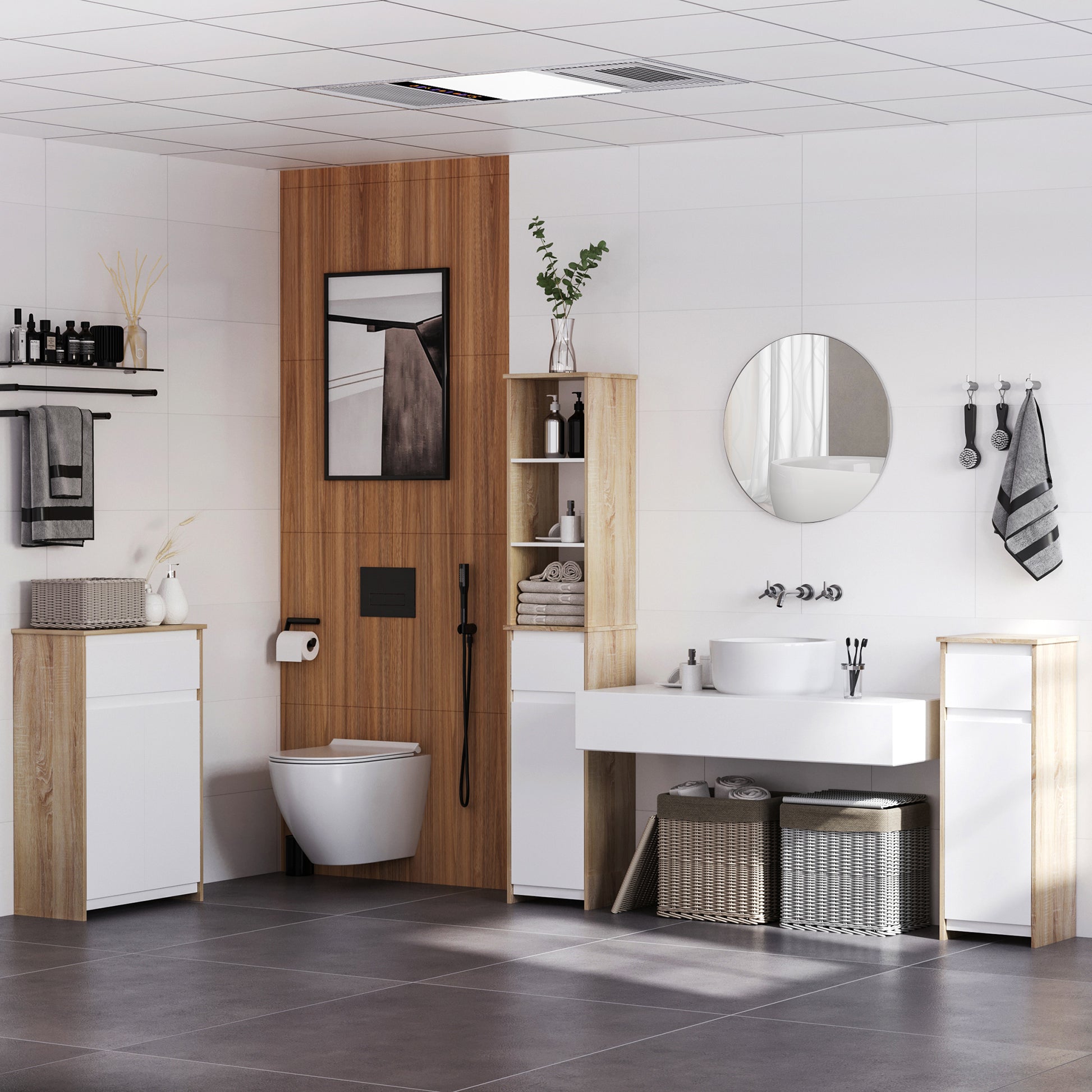 Bathroom Auxiliary Cabinet with 1 Drawer and 2 Doors Bathroom Utility Cabinet for Living Room Bathroom Bedroom Modern Style Anti-overturn 60x30x90 cm White and Natural