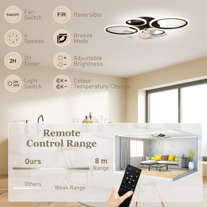 LED Ceiling Fan Light, Quiet 30" (77 cm) with Remote — 6 Speeds, 3 Color Temperatures, DC Motor, Timer — Black