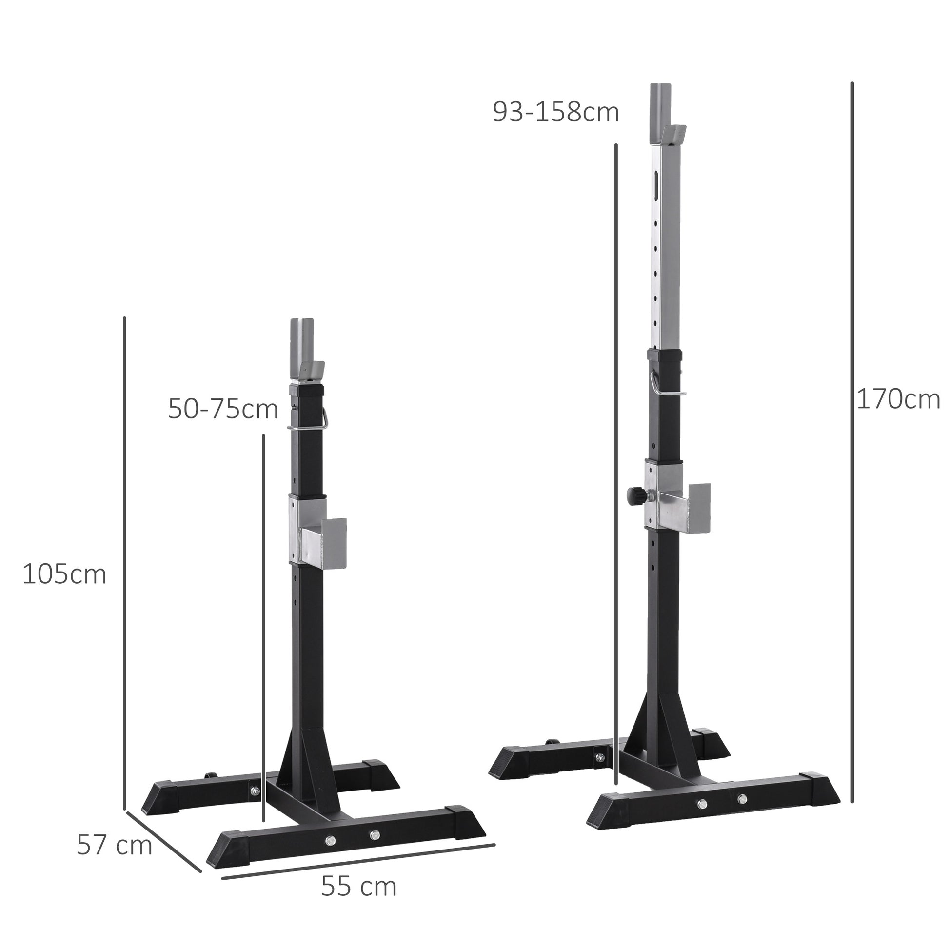 Set of 2 Steel Barbell Racks, 2 Hooks with Adjustable Height, 150kg Capacity, 55x57x105-170cm, Black