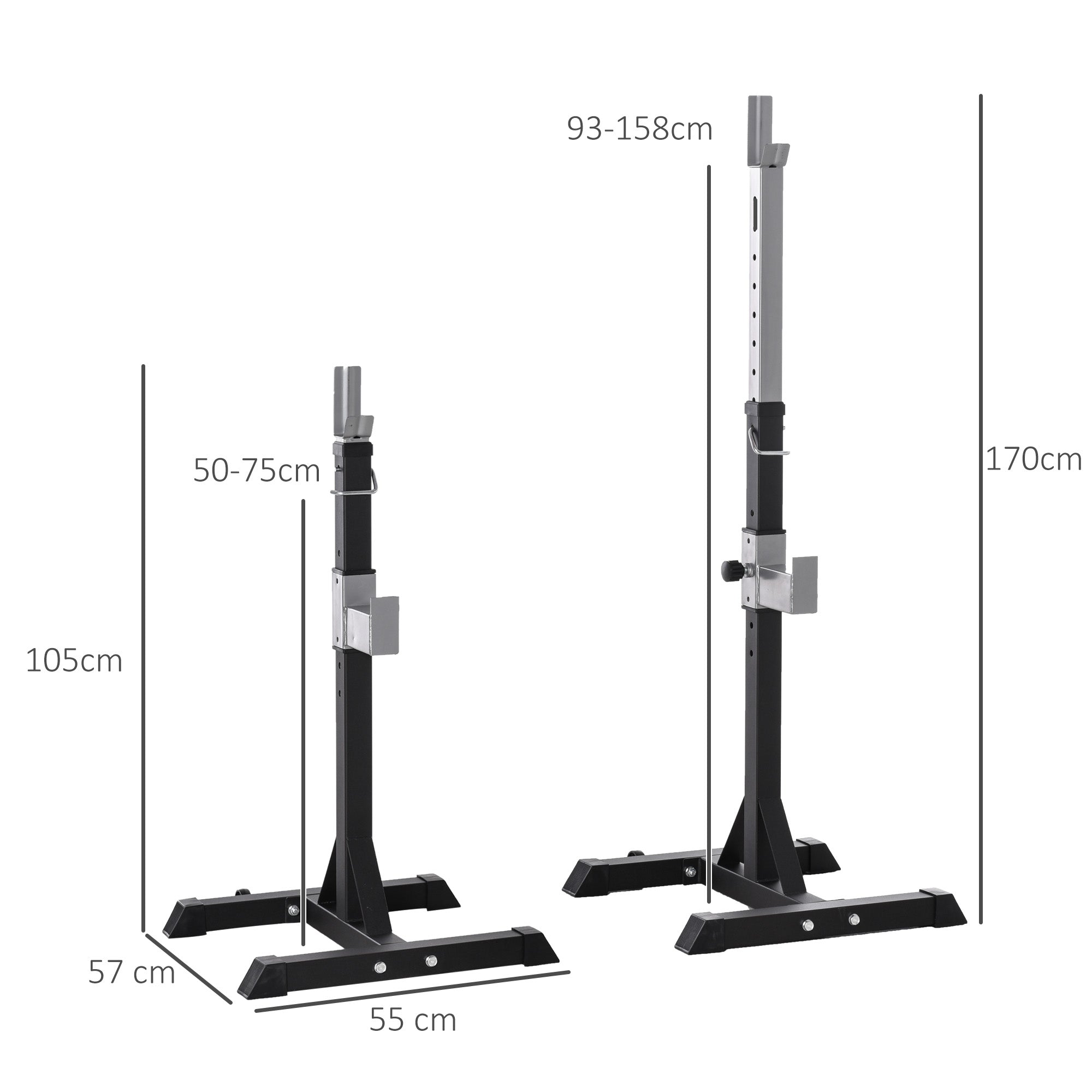 Set of 2 Steel Barbell Racks, 2 Hooks with Adjustable Height, 150kg Capacity, 55x57x105-170cm, Black