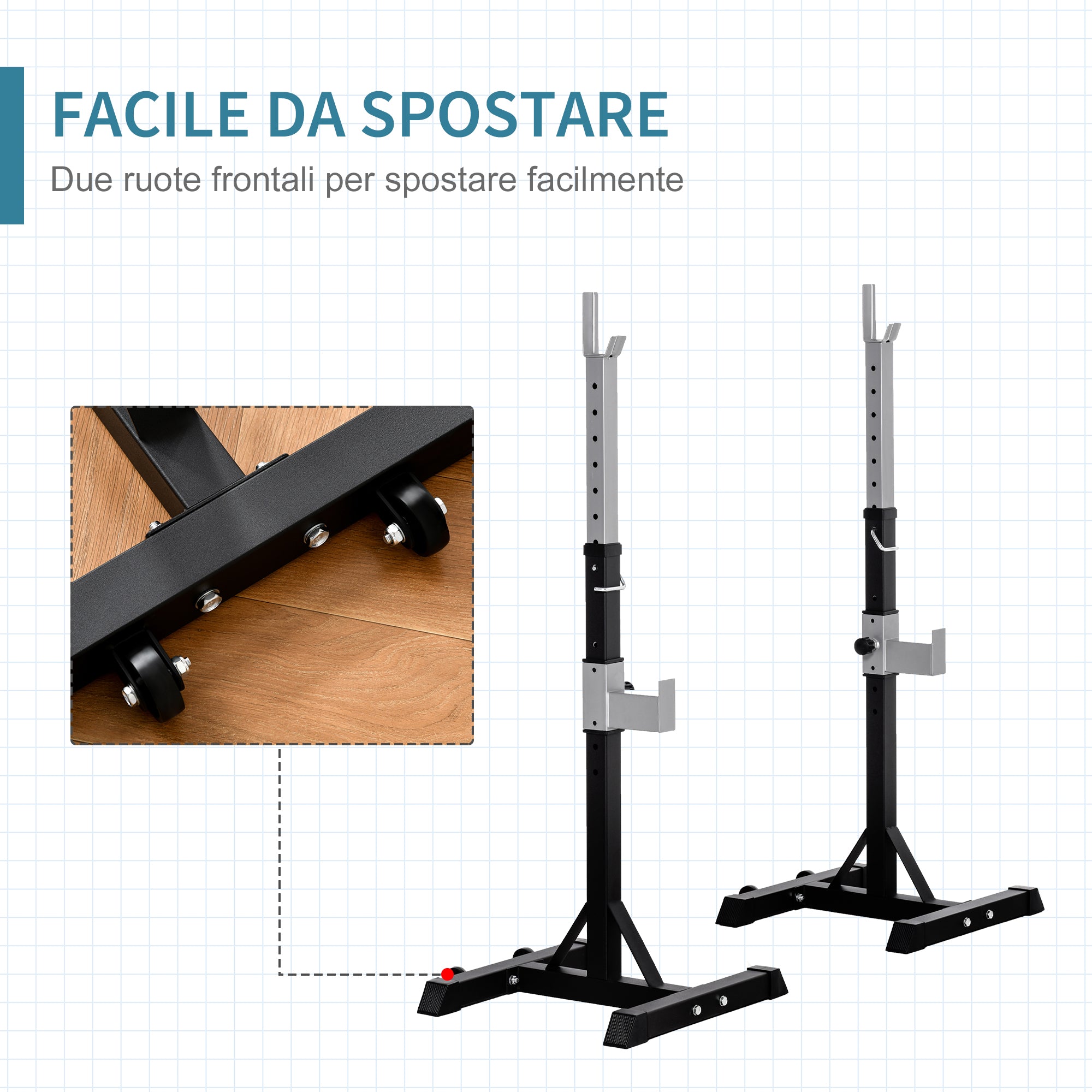 Set of 2 Steel Barbell Racks, 2 Hooks with Adjustable Height, 150kg Capacity, 55x57x105-170cm, Black