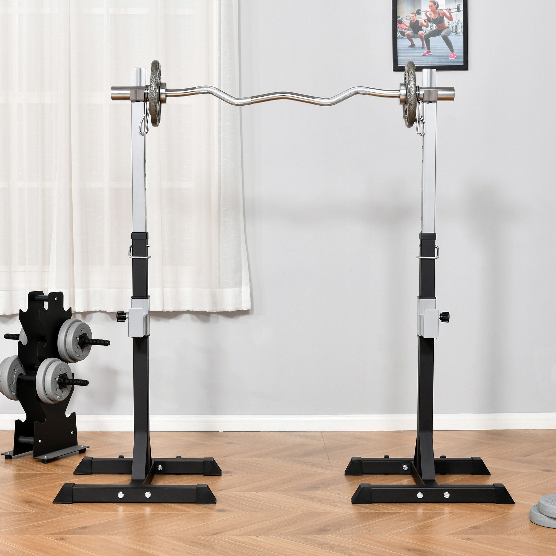 Set of 2 Steel Barbell Racks, 2 Hooks with Adjustable Height, 150kg Capacity, 55x57x105-170cm, Black