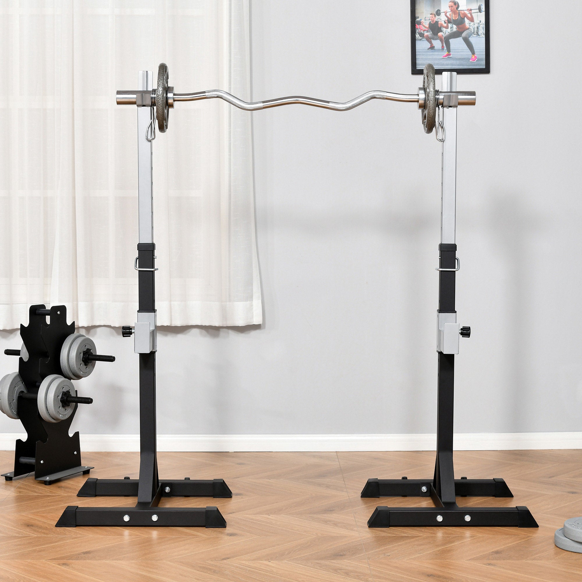Set of 2 Steel Barbell Racks, 2 Hooks with Adjustable Height, 150kg Capacity, 55x57x105-170cm, Black