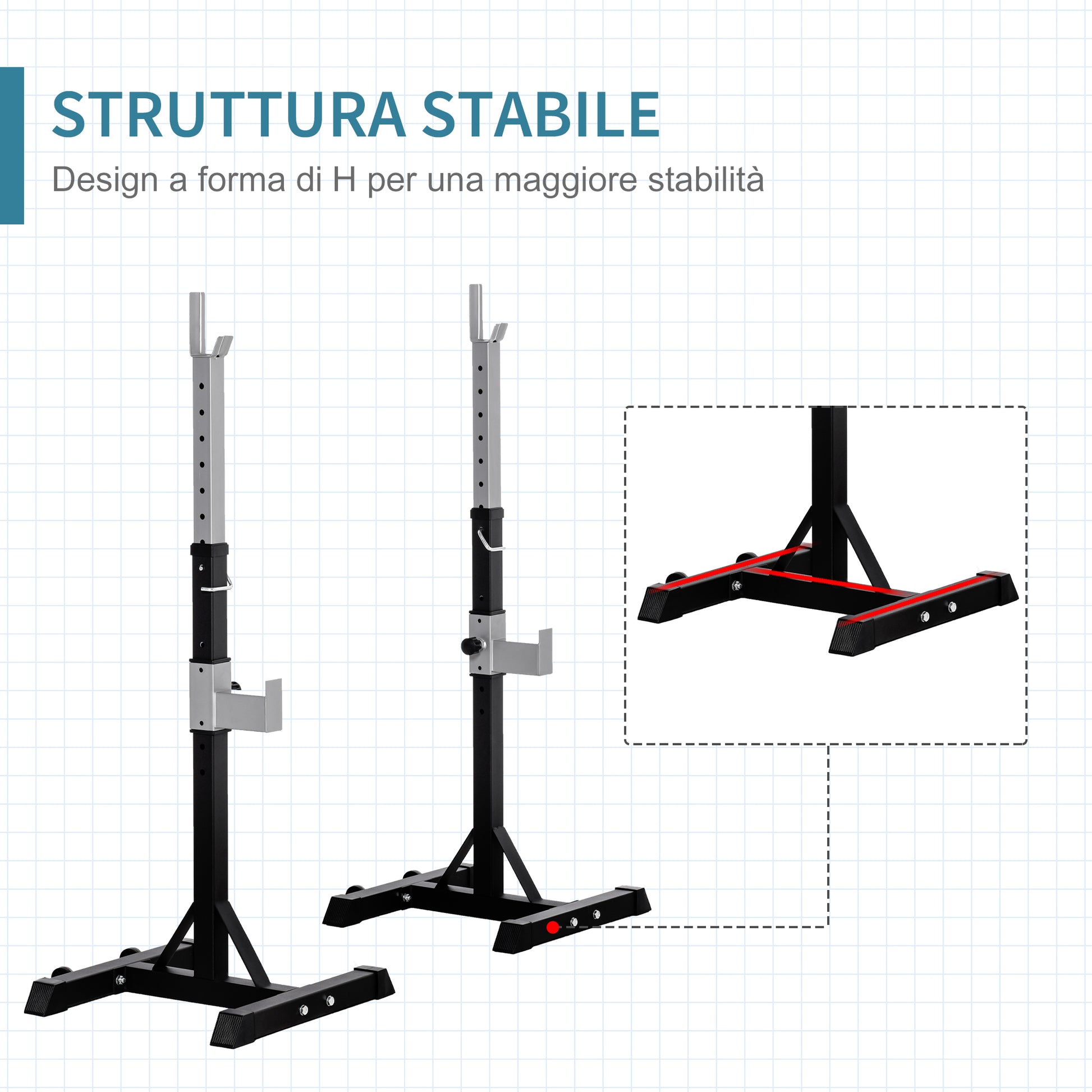 Set of 2 Steel Barbell Racks, 2 Hooks with Adjustable Height, 150kg Capacity, 55x57x105-170cm, Black