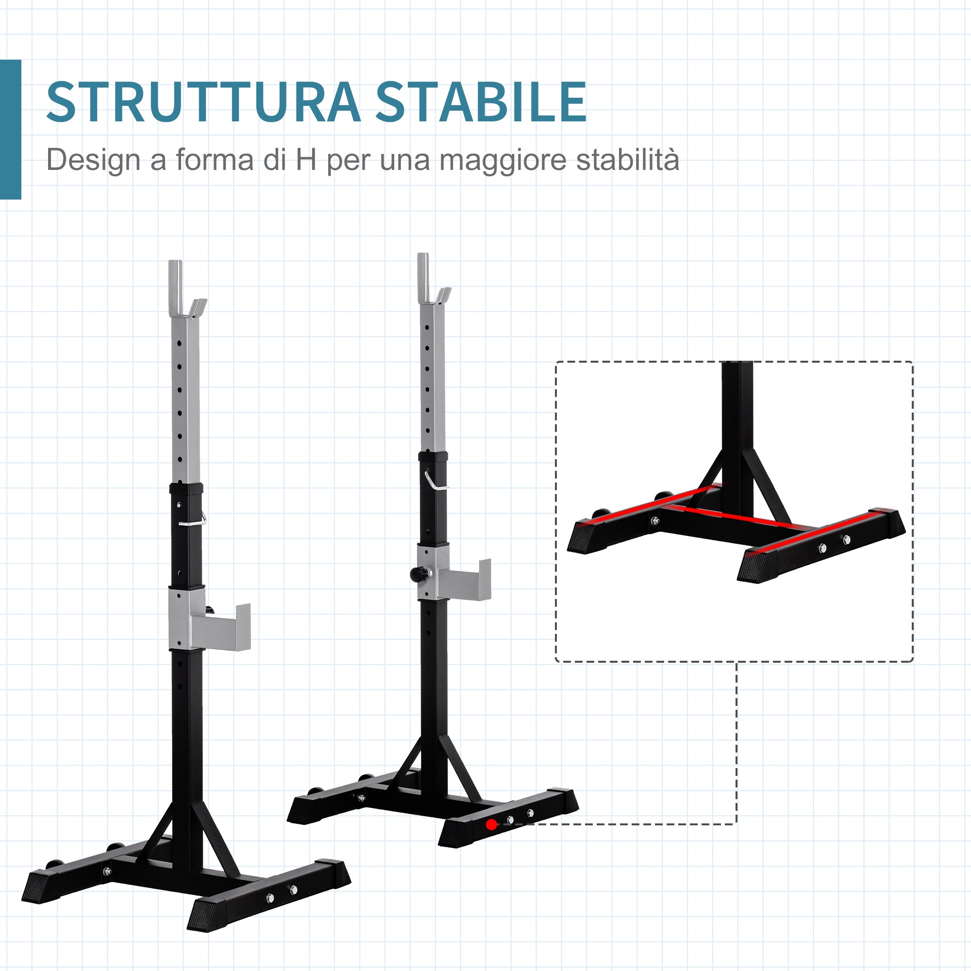 Set of 2 Steel Barbell Racks, 2 Hooks with Adjustable Height, 150kg Capacity, 55x57x105-170cm, Black