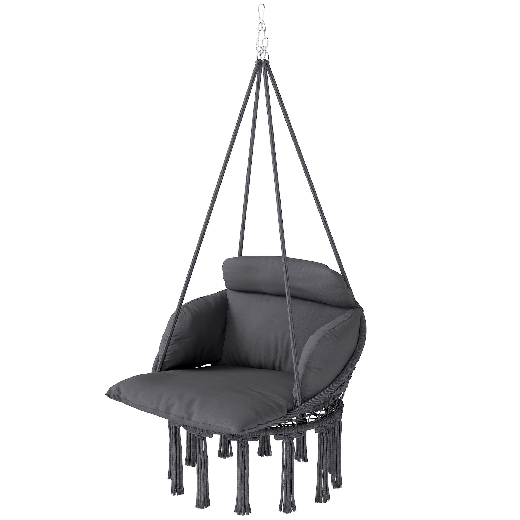 Hanging Chair with Large Padded Cushion, Fringed Swing Chair with Suspension Kit, Steel Frame, Tight Weave, Dark Gray
