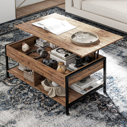 Lift-Top Coffee Table - Lower Shelf, Storage Chest - dim. 100L x 80W x 60H cm - rustic black wood look