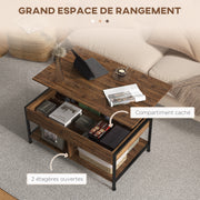 Lift-Top Coffee Table - Lower Shelf, Storage Chest - dim. 100L x 80W x 60H cm - rustic black wood look