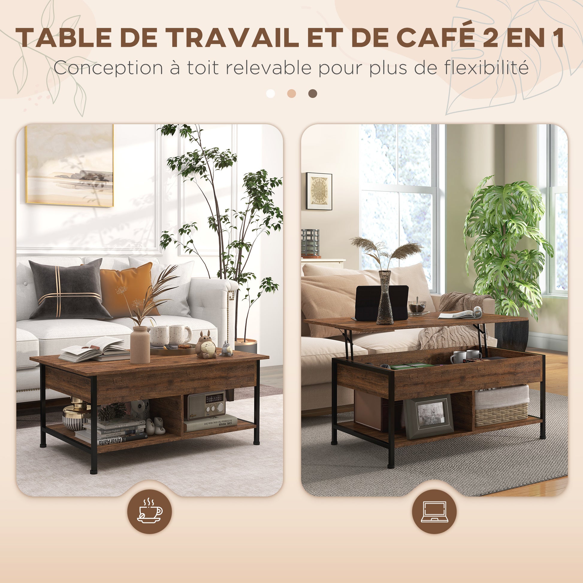 Lift-Top Coffee Table - Lower Shelf, Storage Chest - dim. 100L x 80W x 60H cm - rustic black wood look