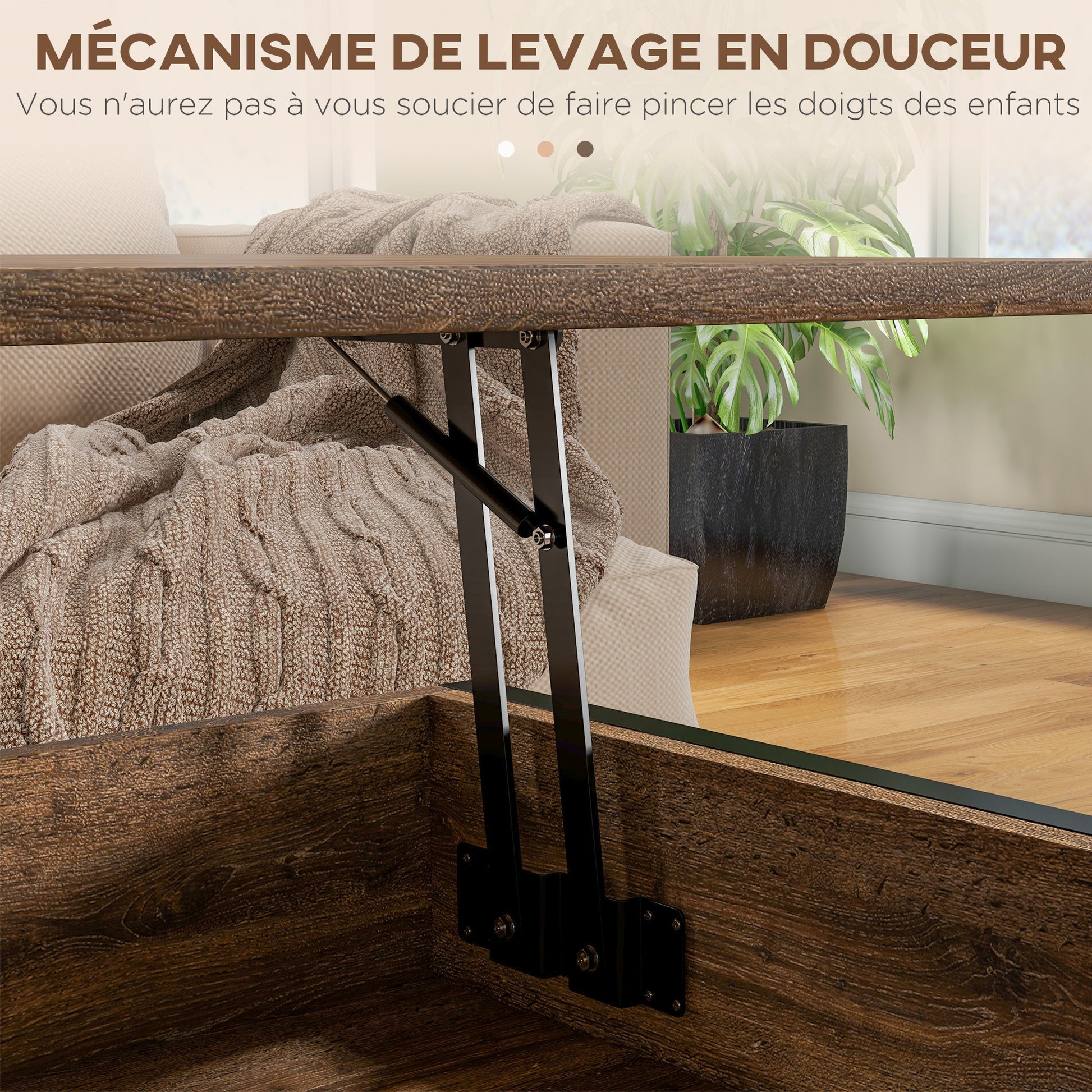 Lift-Top Coffee Table - Lower Shelf, Storage Chest - dim. 100L x 80W x 60H cm - rustic black wood look