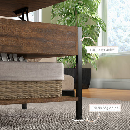 Lift-Top Coffee Table - Lower Shelf, Storage Chest - dim. 100L x 80W x 60H cm - rustic black wood look