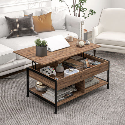 Lift-Top Coffee Table - Lower Shelf, Storage Chest - dim. 100L x 80W x 60H cm - rustic black wood look