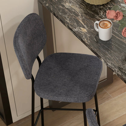 Set of 2 bar stools high chairs kitchen chairs with footrest and linen fabric backrest and steel dim. 41L x 46W x 90H cm gray