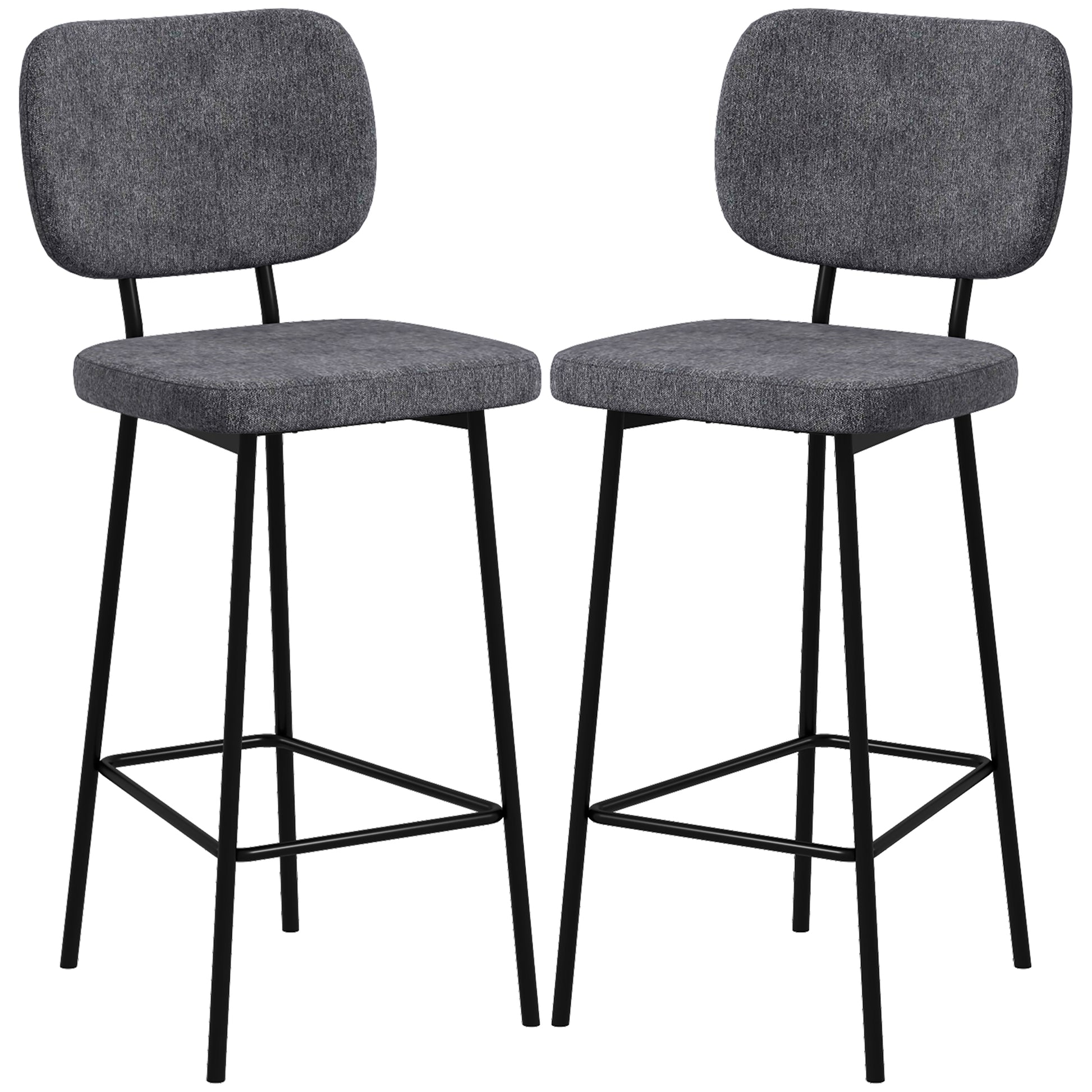 Set of 2 bar stools high chairs kitchen chairs with footrest and linen fabric backrest and steel dim. 41L x 46W x 90H cm gray