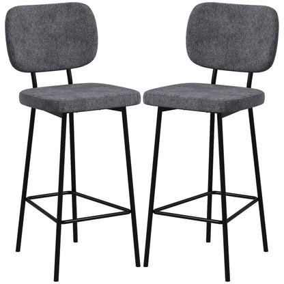 Set of 2 bar stools high chairs kitchen chairs with footrest and linen fabric backrest and steel dim. 41L x 46W x 90H cm gray