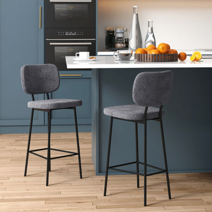 Set of 2 bar stools high chairs kitchen chairs with footrest and linen fabric backrest and steel dim. 41L x 46W x 90H cm gray