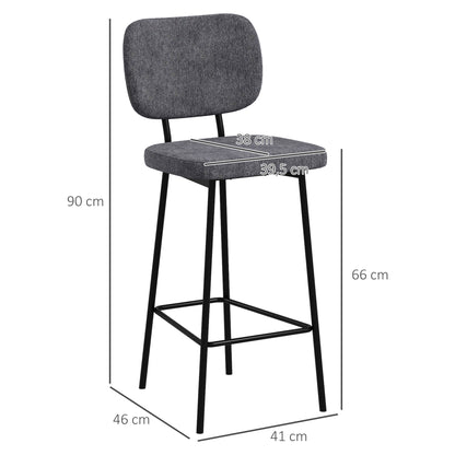 Set of 2 bar stools high chairs kitchen chairs with footrest and linen fabric backrest and steel dim. 41L x 46W x 90H cm gray