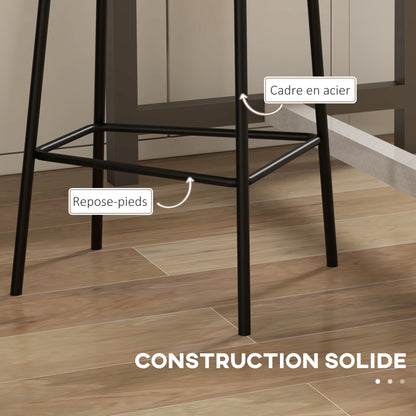 Set of 2 bar stools high chairs kitchen chairs with footrest and linen fabric backrest and steel dim. 41L x 46W x 90H cm gray