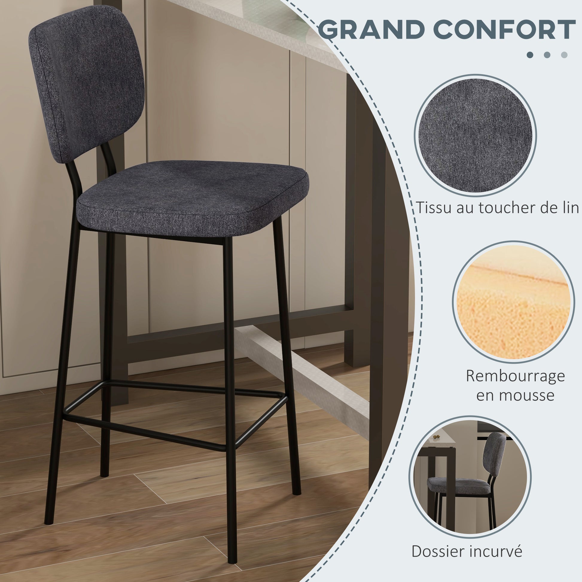 Set of 2 bar stools high chairs kitchen chairs with footrest and linen fabric backrest and steel dim. 41L x 46W x 90H cm gray