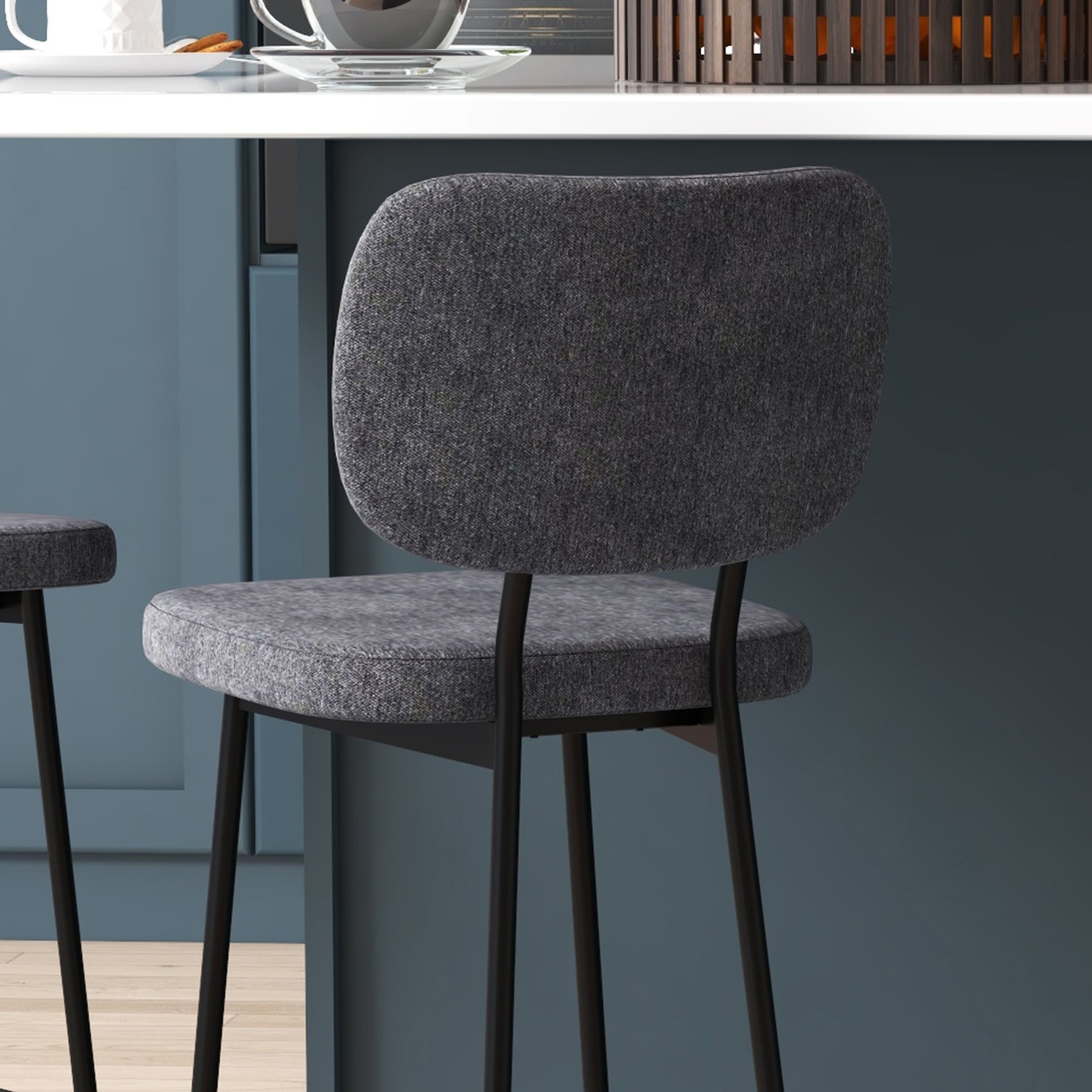 Set of 2 bar stools high chairs kitchen chairs with footrest and linen fabric backrest and steel dim. 41L x 46W x 90H cm gray