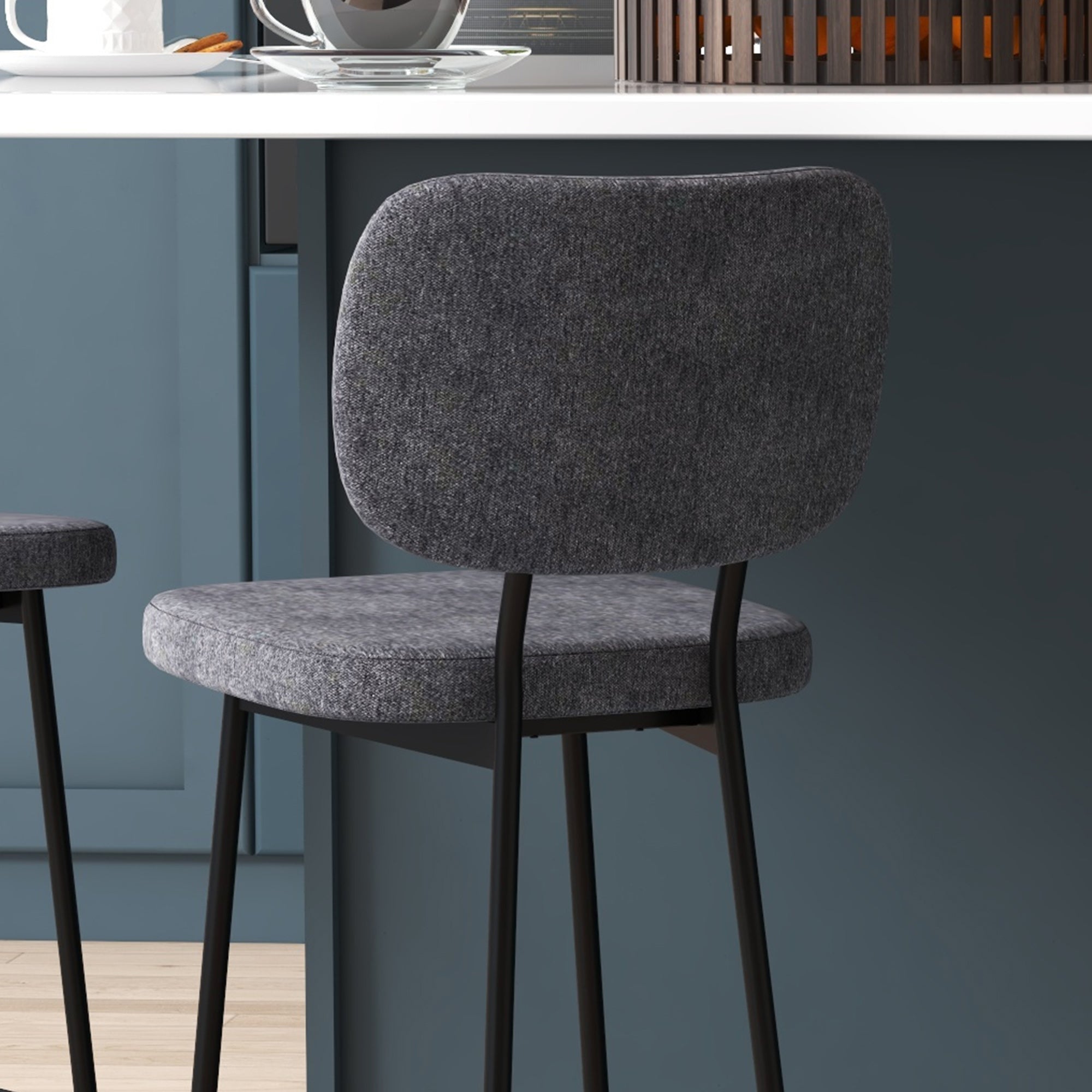 Set of 2 bar stools high chairs kitchen chairs with footrest and linen fabric backrest and steel dim. 41L x 46W x 90H cm gray