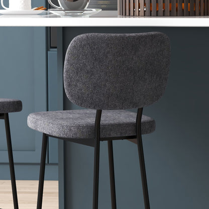 Set of 2 bar stools high chairs kitchen chairs with footrest and linen fabric backrest and steel dim. 41L x 46W x 90H cm gray