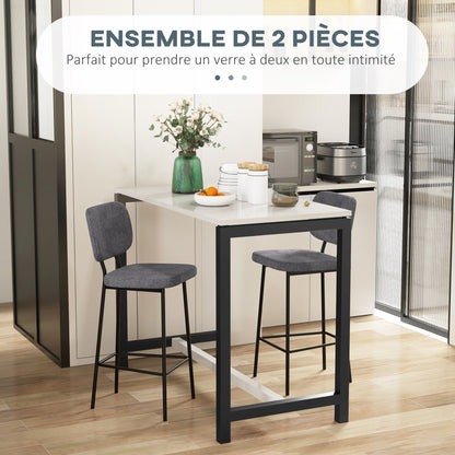 Set of 2 bar stools high chairs kitchen chairs with footrest and linen fabric backrest and steel dim. 41L x 46W x 90H cm gray