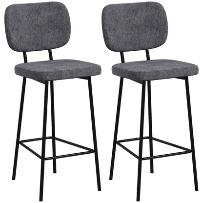 Set of 2 bar stools high chairs kitchen chairs with footrest and linen fabric backrest and steel dim. 41L x 46W x 90H cm gray