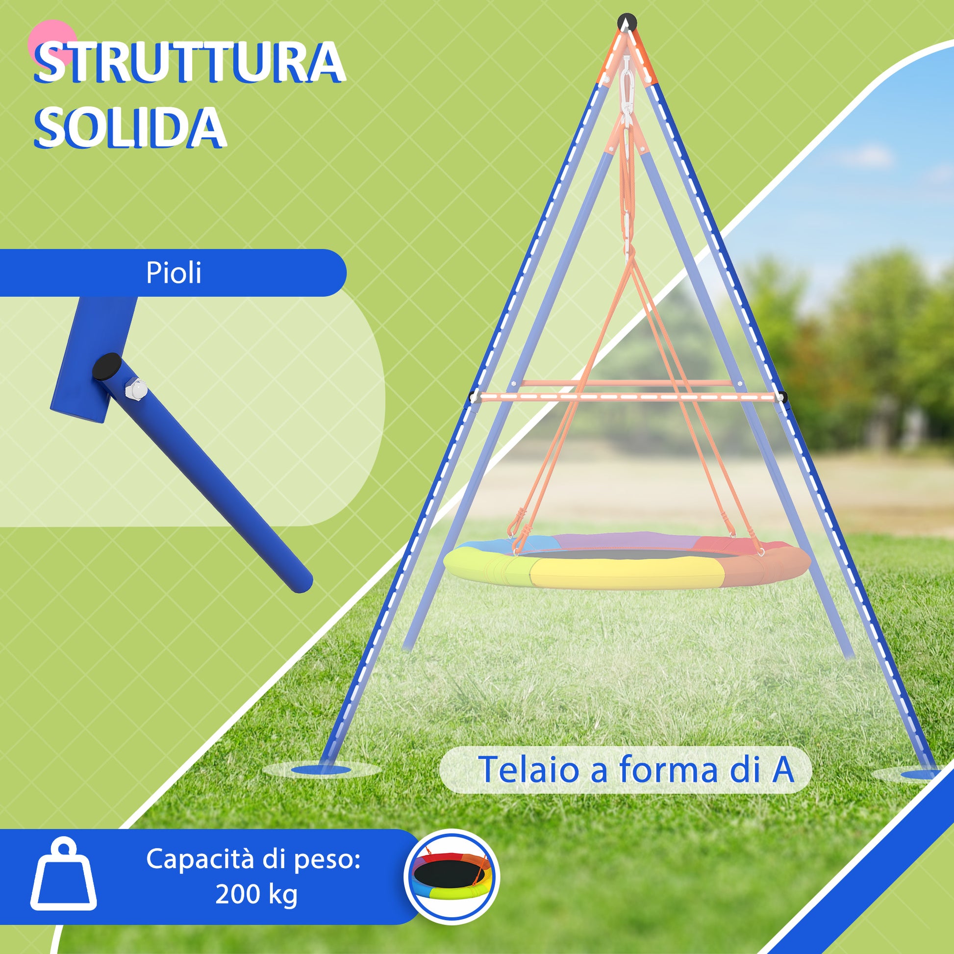 Garden Swing for Children, Nest Swing for 1-2 Children with Reinforced Metal A-Frame, 196x172x180cm, Multicolor