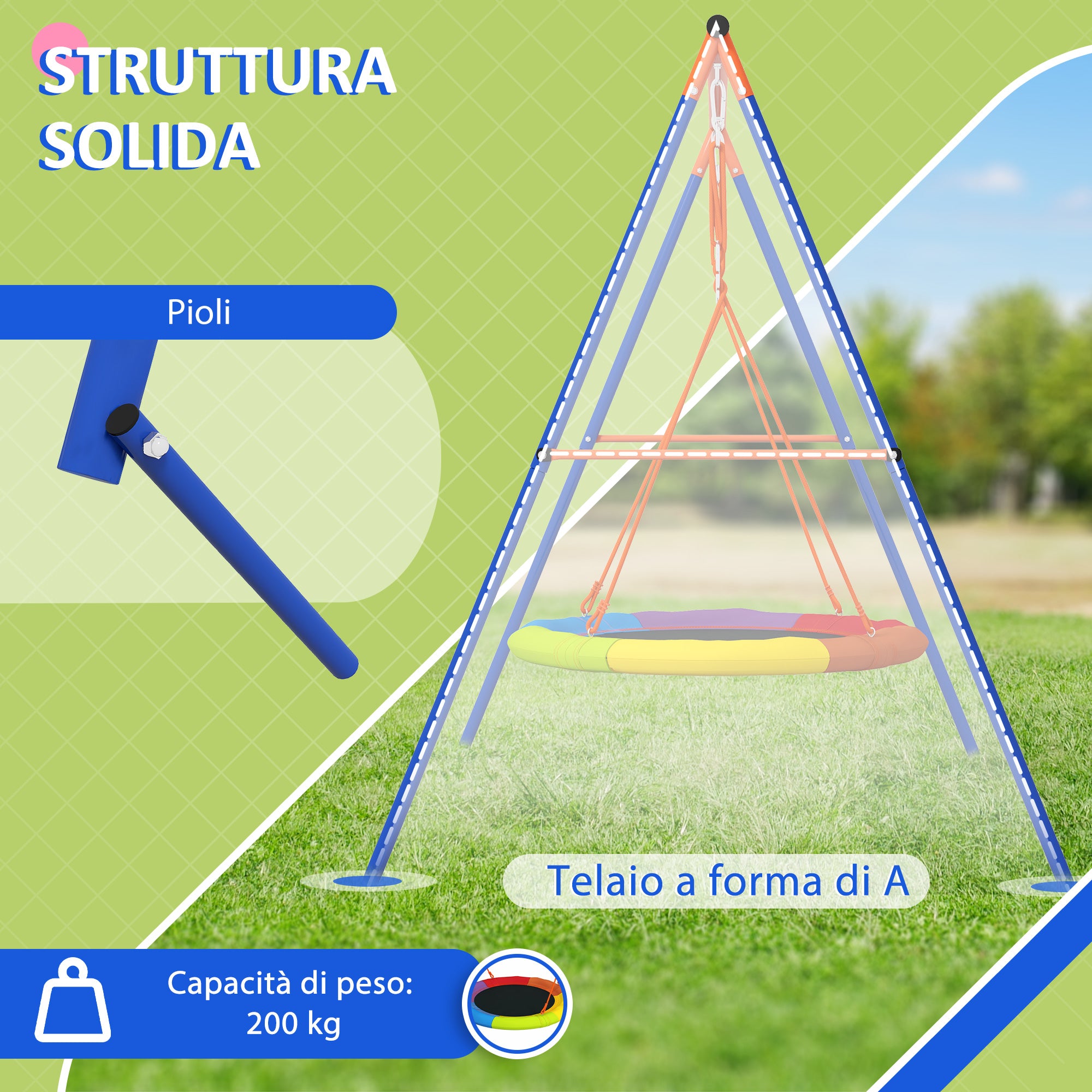 Garden Swing for Children, Nest Swing for 1-2 Children with Reinforced Metal A-Frame, 196x172x180cm, Multicolor