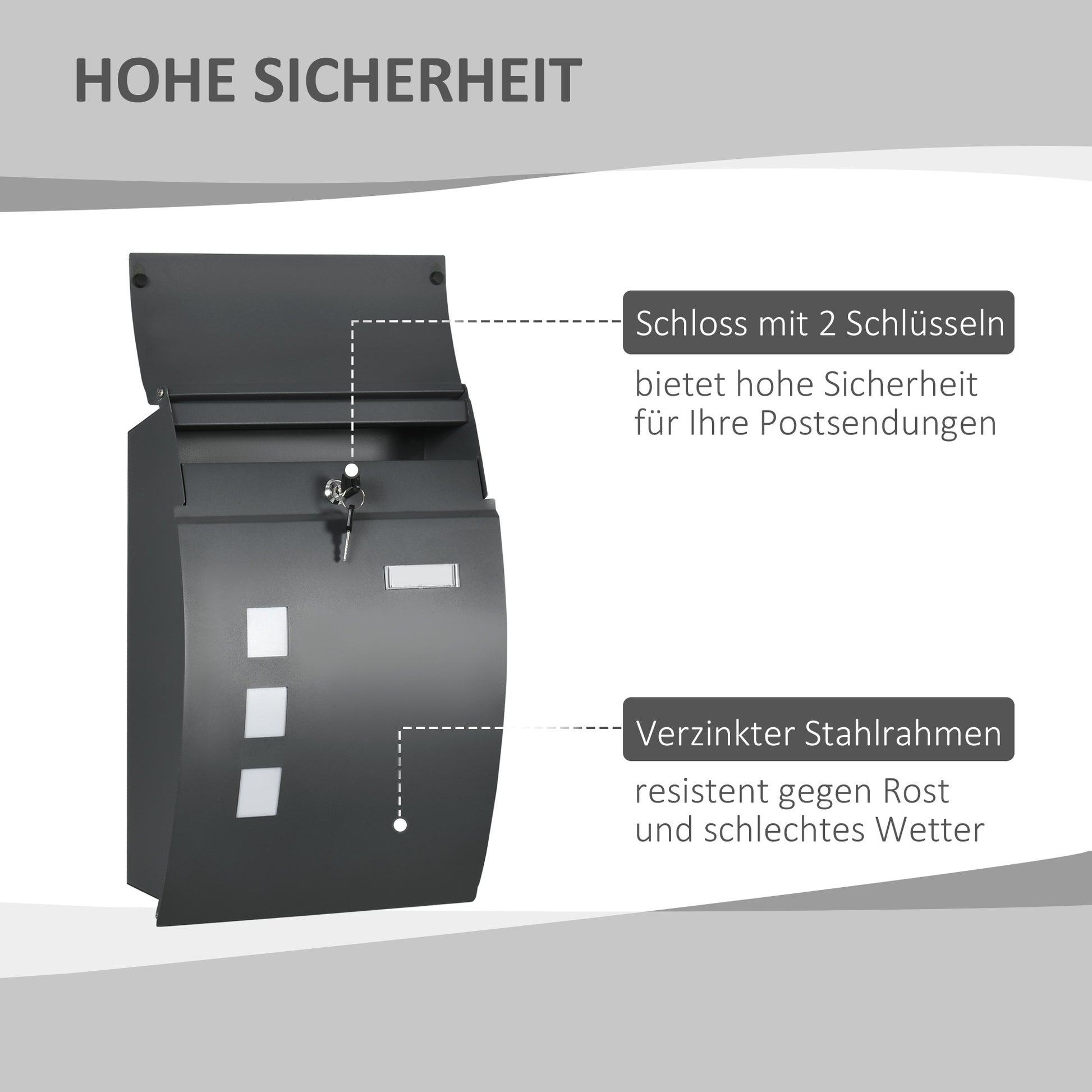 Letterbox Mailbox with Lid, Lock, Wall Mailbox with Window Slot Made of Galvanized Steel, for Outdoor Use, 32 x 10 x 45 cm, Dark Gray