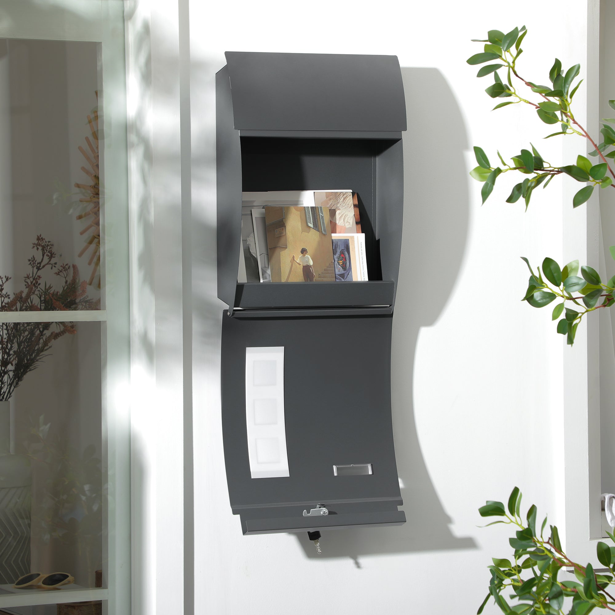 Letterbox Mailbox with Lid, Lock, Wall Mailbox with Window Slot Made of Galvanized Steel, for Outdoor Use, 32 x 10 x 45 cm, Dark Gray
